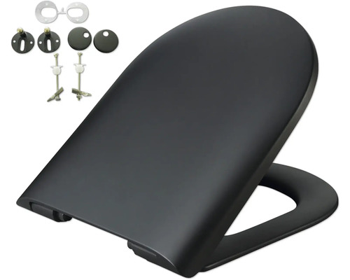 Schwarzer Toilettensitz mit Befestigungsmaterial