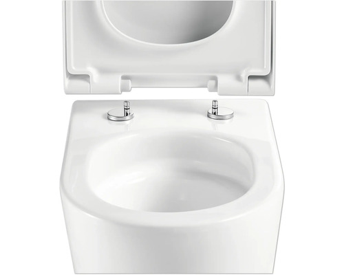 Weisse Toilette mit offenem Toilettendeckel