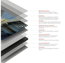 Schichtaufbau einer Platte mit Oberflächenveredelung, Deckschicht, Grundlack, Digitaldruck, Grundierung, Aluminium Deckschicht und Plattenkern