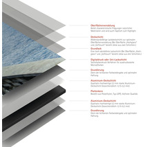 Schichtaufbau einer Platte mit Oberflächenveredelung, Deckschicht, Grundlack, Digitaldruck, Grundierung, Aluminium-Deckschicht und Plattenkern.