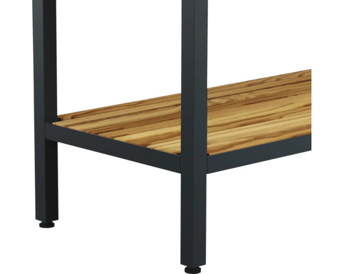 Vue détaillée d'une table avec structure en métal et étagère en bois