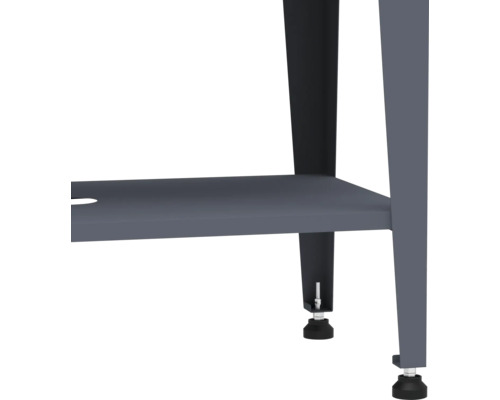 Detailansicht eines Werktischgestells mit verstellbaren Füssen und Ablagefläche