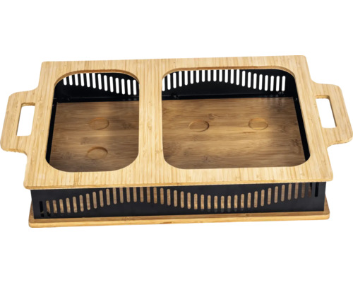 Réchaud en bambou avec deux inserts pour plaques chauffantes.