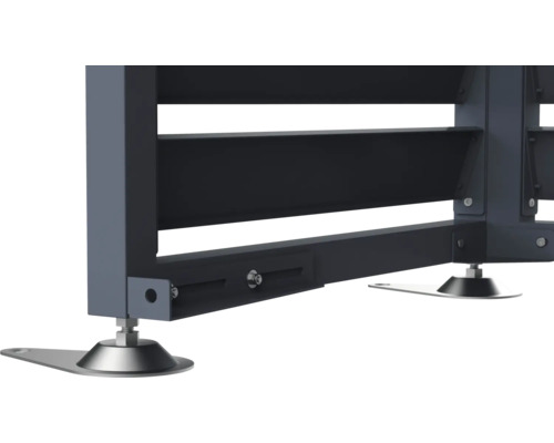 Detailansicht eines grauen Sichtschutzzauns mit verstellbaren Füßen.