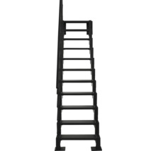 Gerade Treppe aus Metall mit Geländer.