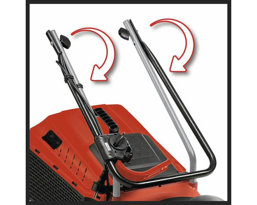 Gros plan sur une tondeuse à gazon montrant la fonction pliable de la poignée avec des flèches.