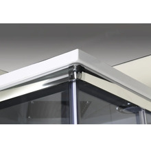 Vue détaillée d'une cabine de douche avec cadre métallique et éléments en verre