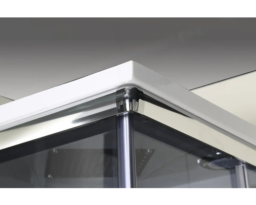 Vue détaillée d'une cabine de douche avec cadre métallique et éléments en verre