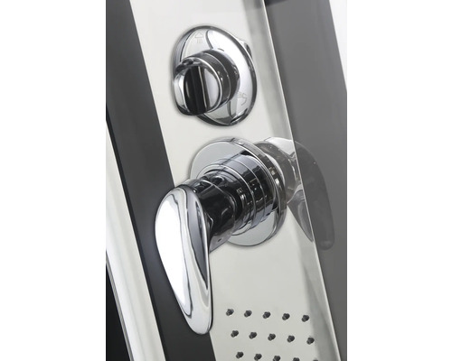 Detailaufnahme einer Duscharmatur mit Drehknopf und Hebel