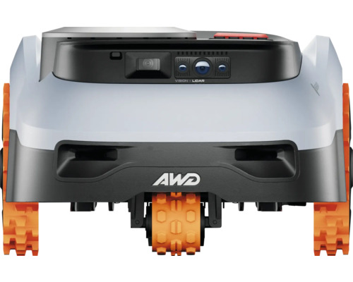 Aufsicht auf einen Mähroboter mit Allradantrieb