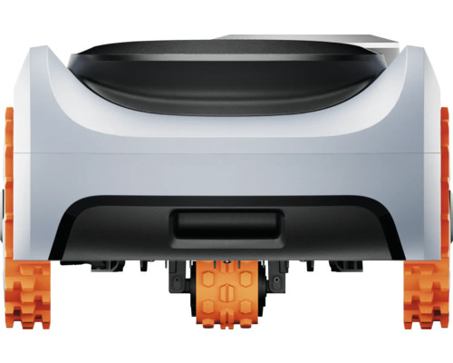 Rückansicht eines Mähroboters mit Raupenantrieb