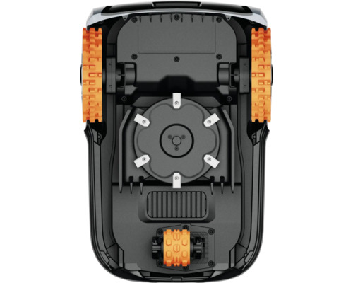 Unterseite eines Mähroboters mit Messern und Antriebsrädern