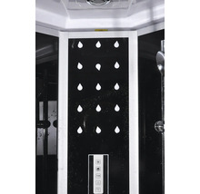 Vue détaillée d'une cabine de douche avec jets de massage et panneau de commande