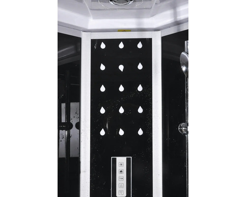 Vue détaillée d'une cabine de douche avec jets de massage et panneau de commande