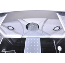 Vue intérieure d'une cabine de douche avec pommeau de douche et éclairage au plafond