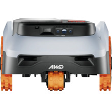 Rückansicht eines Rasenmähroboters mit Allradantrieb