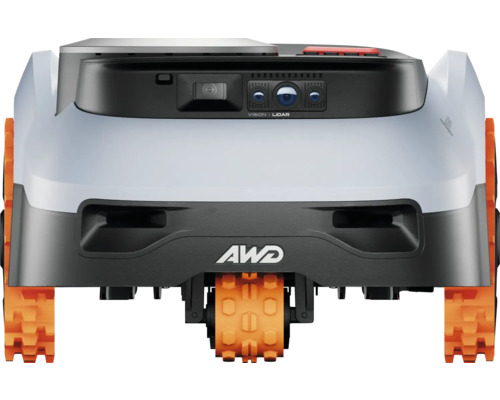 Rückansicht eines Rasenmähroboters mit Allradantrieb