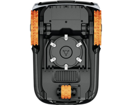 Unterseite eines Rasenmähroboters mit Rädern und Klingen