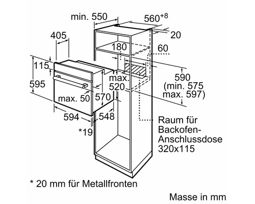 Four encastrable avec indications de dimensions pour la planification de la cuisine