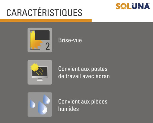 Caractéristiques Soluna : Brise-vue, convient aux postes de travail avec écran et aux pièces humides