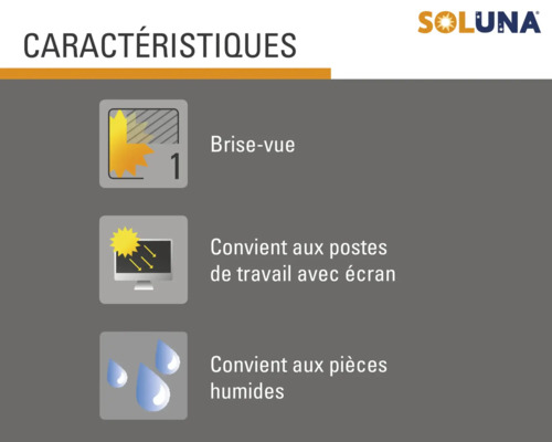 Symboles indiquant les caractéristiques du produit : brise-vue, adapté aux postes de travail avec écran, adapté aux pièces humides.