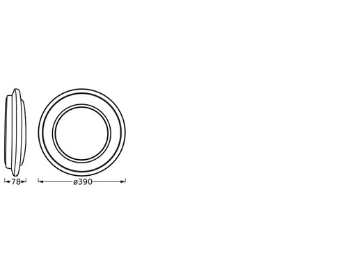 Technische Zeichnung einer runden Deckenleuchte mit den Maßen 390 mm Durchmesser und 78 mm Tiefe.