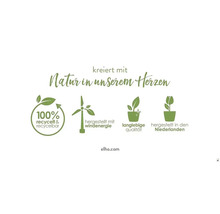 Umweltfreundliche Produktmerkmale: 100 Prozent recycelt und recycelbar, hergestellt mit Windenergie, langlebige Qualität, hergestellt in den Niederlanden.