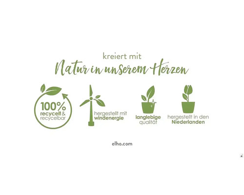 Nachhaltigkeitssiegel: 100 Prozent recycelt, hergestellt mit Windenergie, langlebige Qualität, hergestellt in den Niederlanden