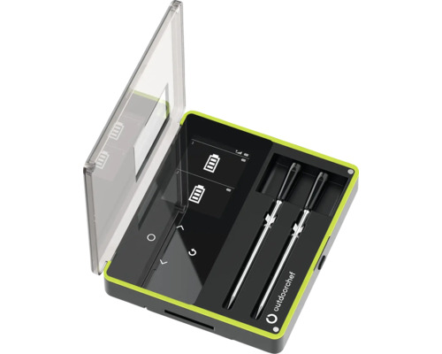 Outdoorchef Grillthermometer mit zwei Fühlern in geöffneter Aufbewahrungsbox