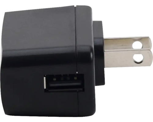 Schwarzer Netzadapter mit USB-Anschluss und Netzstecker