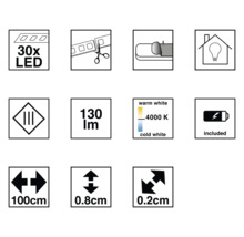 Produktmerkmale: 30 LEDs, zuschneidbar, selbstklebend, geeignet für den Innenbereich, 130 Lumen, Farbtemperatur 4000 Kelvin, inklusive Batterie, Länge 100 Zentimeter, Breite 0,8 Zentimeter, Höhe 0,2 Zentimeter