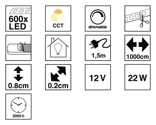 Produktmerkmale: 600 LEDs, CCT, dimmbar, kürzbar, 1,5 Meter Kabellänge, 1000 Zentimeter Länge, 0,8 Zentimeter Höhe, 0,2 Zentimeter Breite, 12 Volt, 22 Watt, 2000 Stunden Lebensdauer