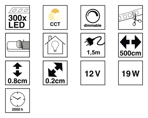 Produktmerkmale: 300 LEDs, CCT, dimmbar, kürzbar, 1,5 Meter Kabellänge, 500 Zentimeter Länge, 0,8 Zentimeter Höhe, 0,2 Zentimeter Breite, 12 Volt, 19 Watt, 2000 Stunden Lebensdauer