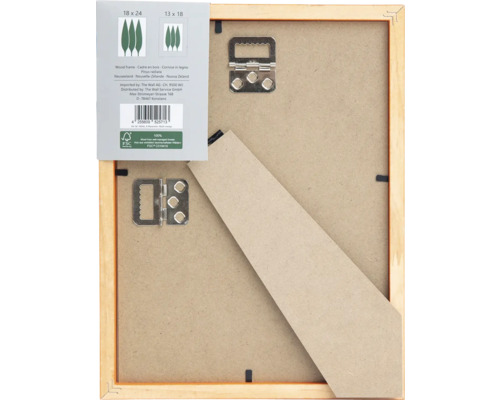 Rückseite eines Holzbilderrahmens mit Aufhängern und Ständer