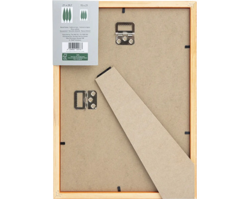 Rückseite eines Holzbilderrahmen mit Aufhängern und Ständer