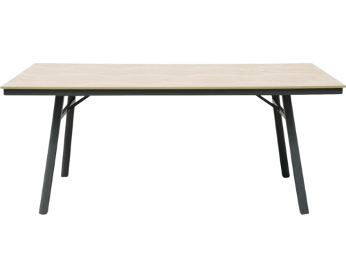 Esstisch mit hellem Holzplattenmuster und dunklem Metallgestell