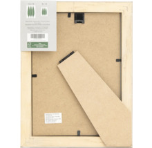 Rückseite eines Holzbilderrahmens mit Aufhängevorrichtung und Ständer