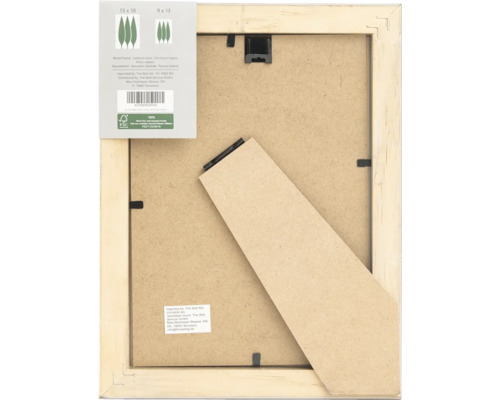 Rückseite eines Holzbilderrahmens mit Aufhängevorrichtung und Ständer