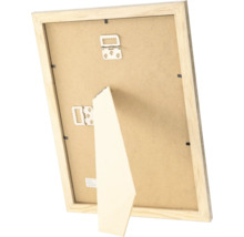 Rückseite eines Holzbilderrahmens mit Aufhängevorrichtung und Aufsteller