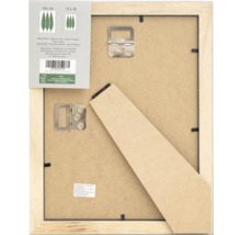 Arrière d'un cadre photo en bois avec dispositif de suspension et label FSC