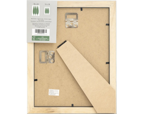 Arrière d'un cadre photo en bois avec dispositif de suspension et label FSC