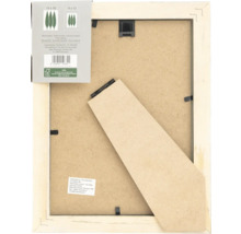 Dos d'un cadre photo en bois avec dispositif de suspension et support