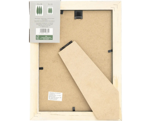 Dos d'un cadre photo en bois avec dispositif de suspension et support