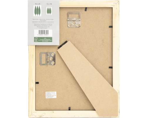 Arrière d'un cadre photo en bois avec dispositif de suspension et support