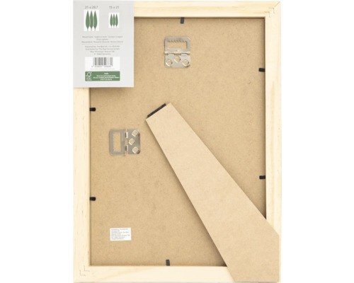 Rückseite eines Holzbilderrahmens mit Aufhängevorrichtung und Ständer