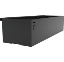 Schwarzer, rechteckiger Sichtlagerkasten aus Metall für Regalsysteme.