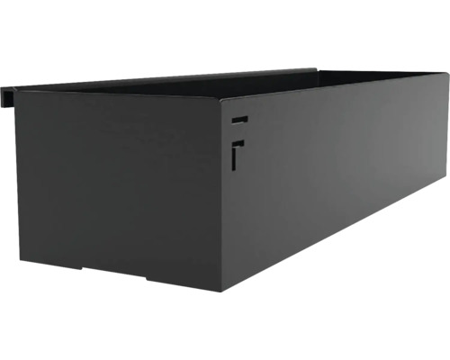 Schwarzer, rechteckiger Sichtlagerkasten aus Metall für Regalsysteme.