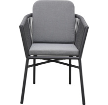 Gartenstuhl mit Armlehne und grauen Sitzkissen