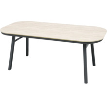 Rechteckiger Tisch mit Holzplatte und Metallgestell für den Innenbereich