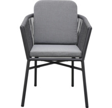 Gartensessel mit Armlehne und grauem Sitzkissen